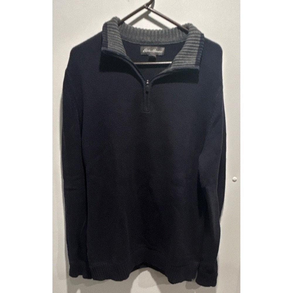 Eddie Bauer Knit 1/4 Zip Sweater Navy Gray Mock Neck TXL Men Pullover
